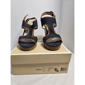 Michael Kors Women's Wedge Sandals Denim Brown Trim Wood Heel Size 10M